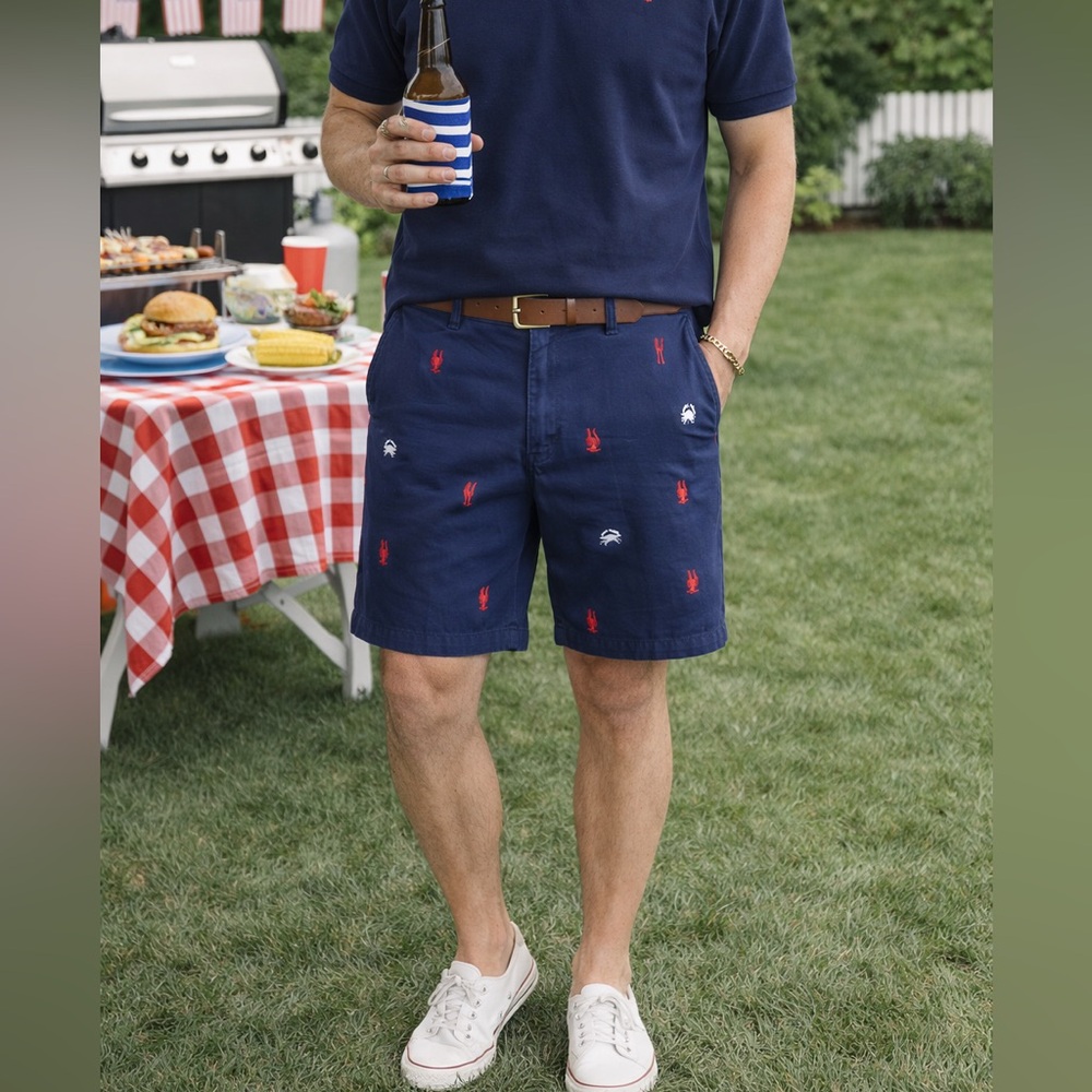 BROOKS BROTHERS 346 Flat Front Chino Shorts Sz 34 x10 Crab Lobster Embroidered